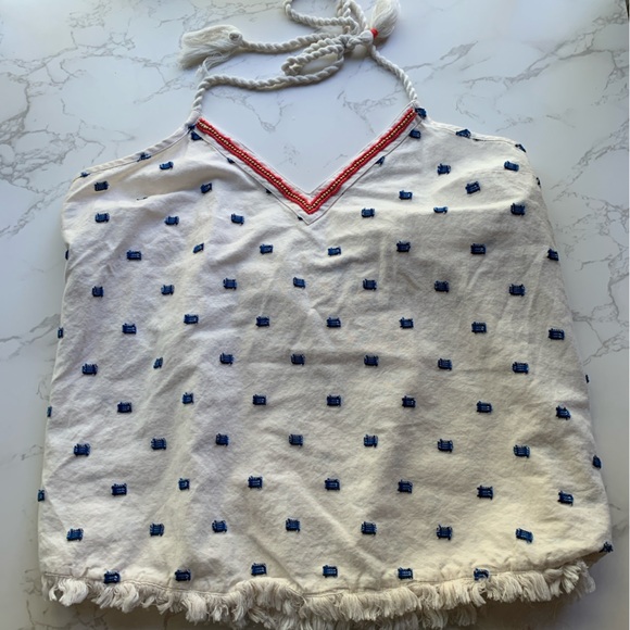 Aerie Embroidered Beaded Rope Tie Cropped Halter Tank Top | Medium - Picture 2 of 8